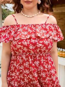Dreamara Vestido de flores rojas de talla grande con tirantes de espagueti, hombros descubiertos y volantes para verano y vacaciones