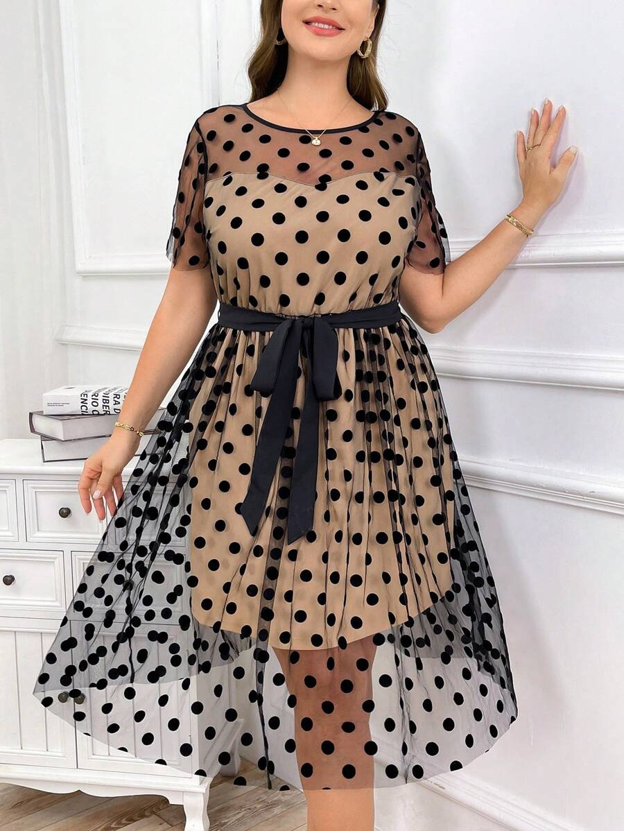 SHEIN Clasi Elegant Plus Size Polka Dot Mesh & Apricot Color Blocking Bodycon Dress For Summer - Multicolor - View 1