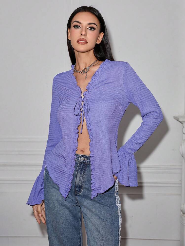 Women's Pleated Design Long Sleeve Top With Flounce Hem