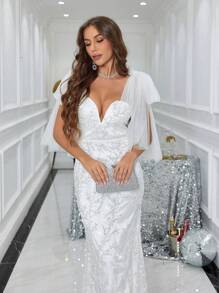 SHEIN Belle Glittering Embroidery Tulle Mermaid Dress - White - View 4