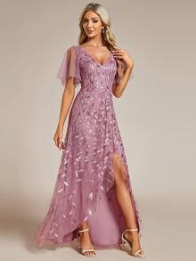 EVERPRETTY Deep V-Neck Sequin Color Block High Waist Split Bridesmaid Dress - Dusty Pink - View 4