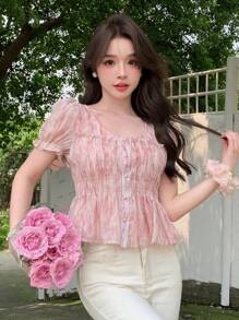 DAZY Women Ruffle Hem All-Over Print Summer Shirt Babydoll Top