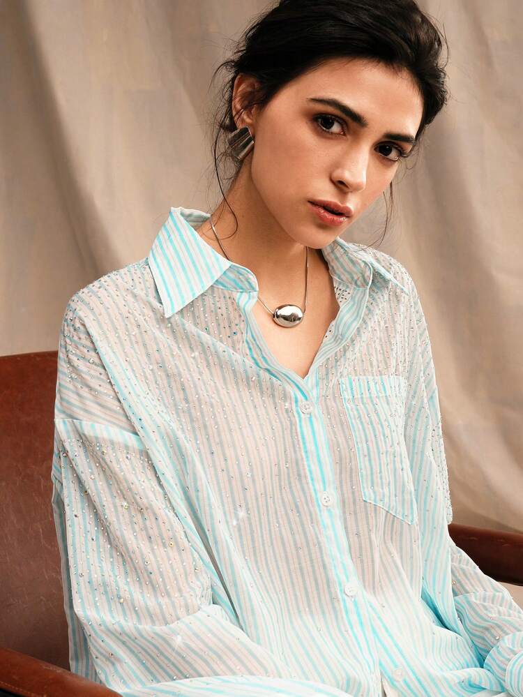 Striped Rhinestone Decor Casual Fashion Turn-Down Collar Flowy Long Sleeve Shirt
