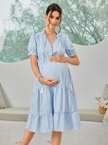SHEIN Summer Maternity Elegant Dress With Bubble Sleeves & Tie Front Detail - Blue and White - View 5