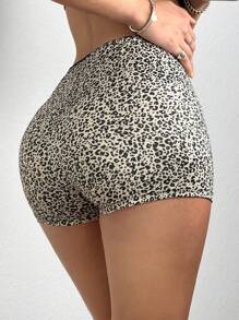 SHEIN EZwear 女士夏季時尚豹紋緊身迷你短褲 - 棕色 - 查看 2