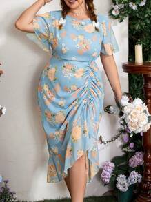 SHEIN Clasi Plus Size Elegant Floral Printed Drawstring Summer Dress - Multicolor - View 3