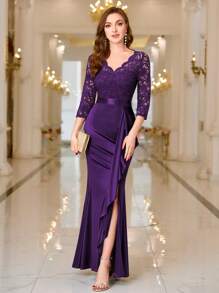 MIUSOL V Neck Contrast Lace Ruffle Satin Evening Party Maxi Formal Dress Elegant Prom Wedding Guest Gown, For Graduation, Dinner