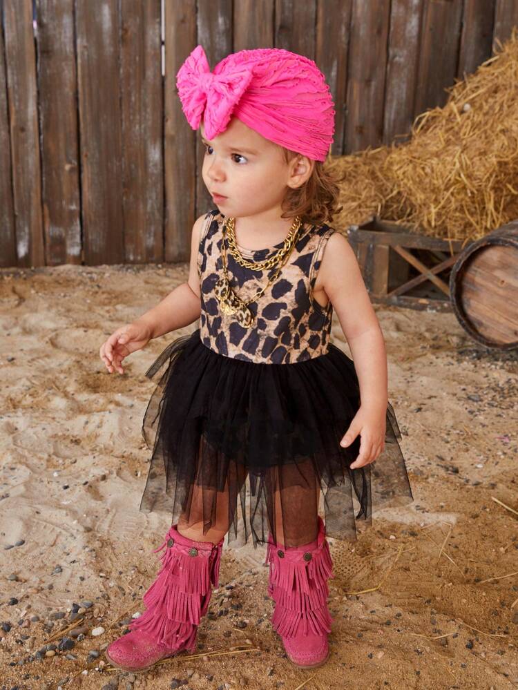 Baby Girls' Leopard Print Western Style Cowboy Bodysuit With Mesh Splice, Sleeveless, Great For Summer Holidays And Daily Outfits