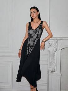 SHEINNeu Damen elegantes ärmelloses Kleid mit Spitzen-Einsätzen und asymmetrischem Saum für den Sommer - Schwarz - Übersicht 6
