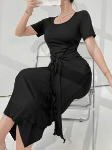 Modelyn Vestido Elegante de Cor Sólida, Envolto e com Cinto, Vestido Tubinho para Verão, Vestidos Longos para Noite - Preto - Visão 3