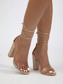 女士新款時尚簡約半透明繩帶性感浪漫粗跟高跟涼鞋 - 杏色 - 查看 5