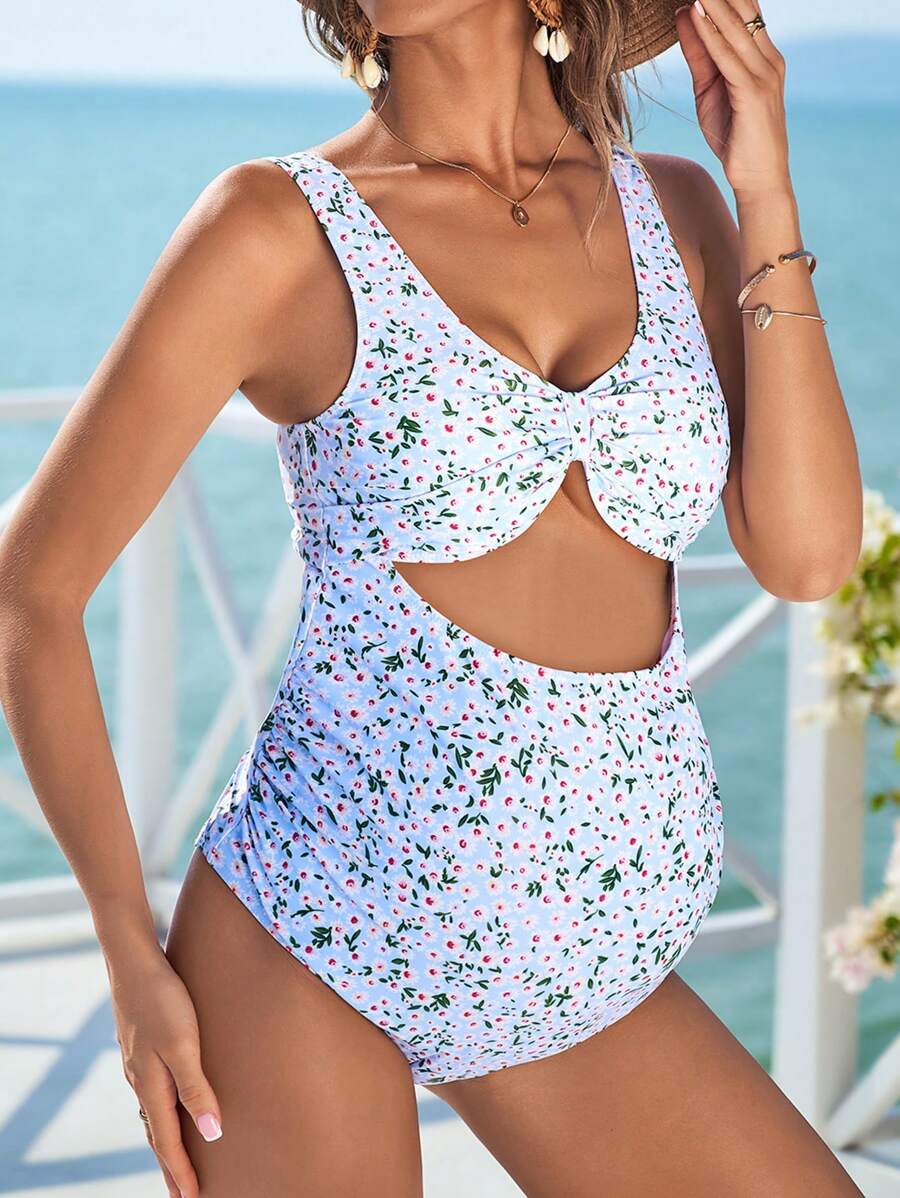 SHEIN 夏季孕妇花卉镂空连体泳衣，时尚沙滩和游泳装的完美选择