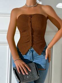 VaVaBold Top sin tirantes de ajuste delgado con botones delanteros y textura de unicolor para mujeres, moderno y adecuado para el verano