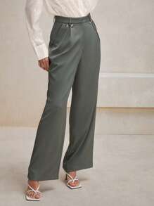 Anewsta 質感老錢風格對稱壓褶腰帶設計女士綠色西裝褲 - 綠色 - 查看 7