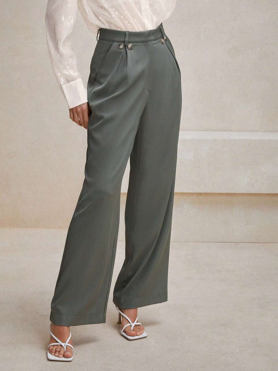 Texture Old-Money Style Symmetrical Pleated Waistband Design Women Green Suit Trousers