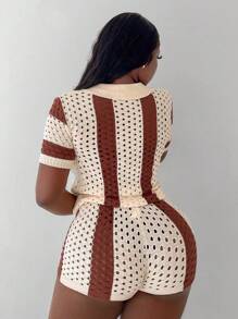 Slaydiva Holiday Beach Casual Loose Short Sleeve Shirt And Tight Shorts Color Block Hollow Out See-Through Women's Knitted Sweater Set - C