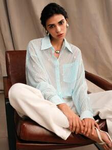 Anewsta Striped Rhinestone Decor Casual Fashion Turn-Down Collar Flowy Long Sleeve Shirt - Blue - View 7