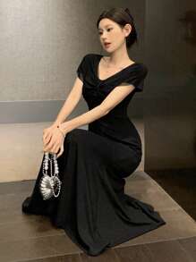 DAZY Women's Elegant Solid Color Twisted Back Fish Tail Dress For Summer Prom Dress Sundress,Formal Women Dresses - Black - View 7