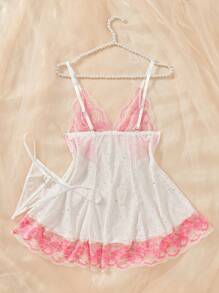 PetitDoll 2pcs Shiny Nightclub Women Lace Splice Sexy Lingerie Cami Dress Set For Going Out - Hot Pink - View 2