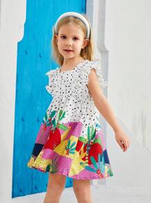 SHEIN Cô Gái Trẻ Hoạt hình Và In ấn Viền Ruffle Đầm - Nhiều màu - Xem 5