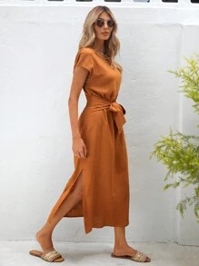 SHEIN VCAY Summer Versatile Style Holiday Solid Color Linen Sleeveless Dress With Front Waist Tie And Side Slit For Women