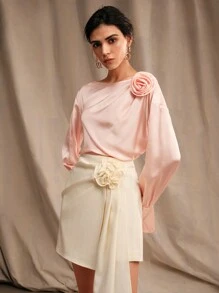 Anewsta Exquisite 3D Flower Asymmetric Design Women Pink Top Shirt - Pink - View 7