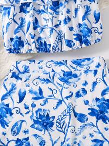 Teen Girl Floral Printed Spaghetti Strap Camisole Top And Asymmetric Hem Ruffle Skirt Summer Two Pieces Outfit,Holiday,Summer,Travel