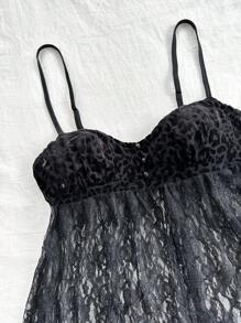 Soleia WYWH Mujeres Leopardo Impresión Terciopelo Y Encaje Empalmado Vacaciones Cami Top - Negro