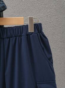 SHEIN Teen Boy Hooded Short Sleeve T-Shirt With Letter Print And Shorts With Pockets Set - Navy Blue - View 3