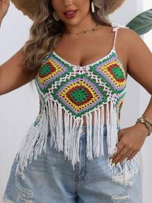 SHEIN VCAY 大尺寸夏季鉤針流蘇邊針織背心上衣，度假風