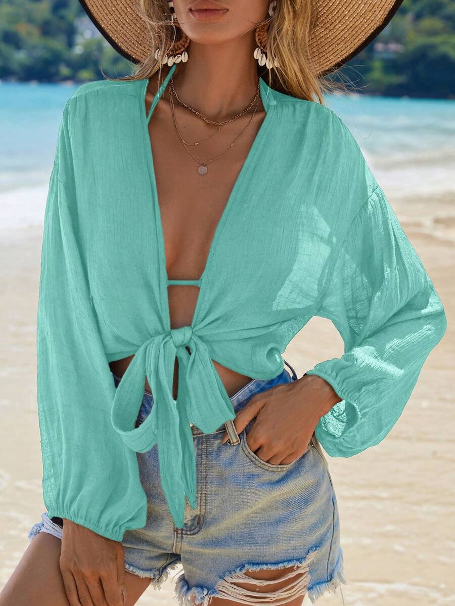 Swim Vcay Women's Crop Kimono Cover Up With Lantern Sleeves For Vacation, One-Size,Summer Beach - Green - View 1