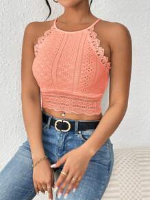 SHEIN Frenchy Guipure Lace Trim Crop Halter Textured Fabric Going Out Tops Bodycon Black Top Thanks Giving Chic Pink Summer Vacation Holiday Resort - Coral Pink - View 3