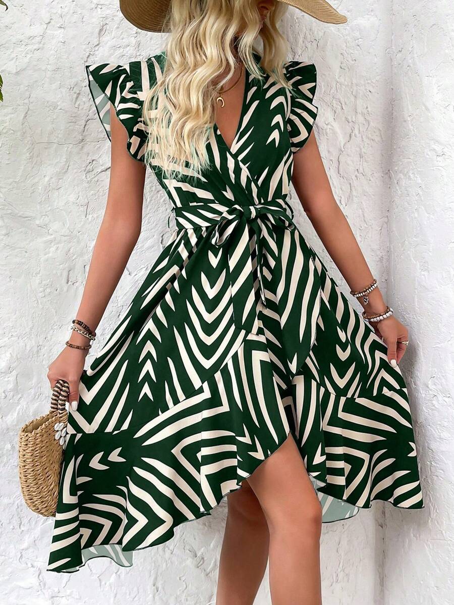 Breezaya Vestido largo de vacaciones informal con estampado a contraste, volantes y bajo asimétrico para vacaciones y playa para mujeres - Verde Oscuro - Ver 1