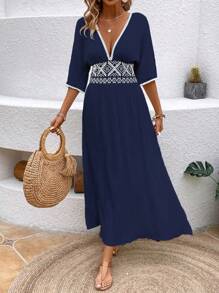 Breezaya Women's Summer Embroidered Patchwork Split Dress, Vacation Wear - Navy Blue - View 5