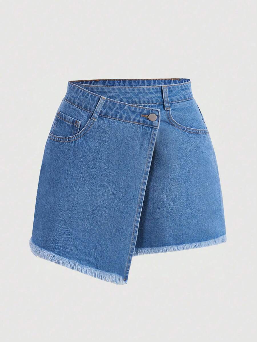 SHEIN MOD Women's Denim Wrap Skirt With Frayed Hem - Light Wash - View 1