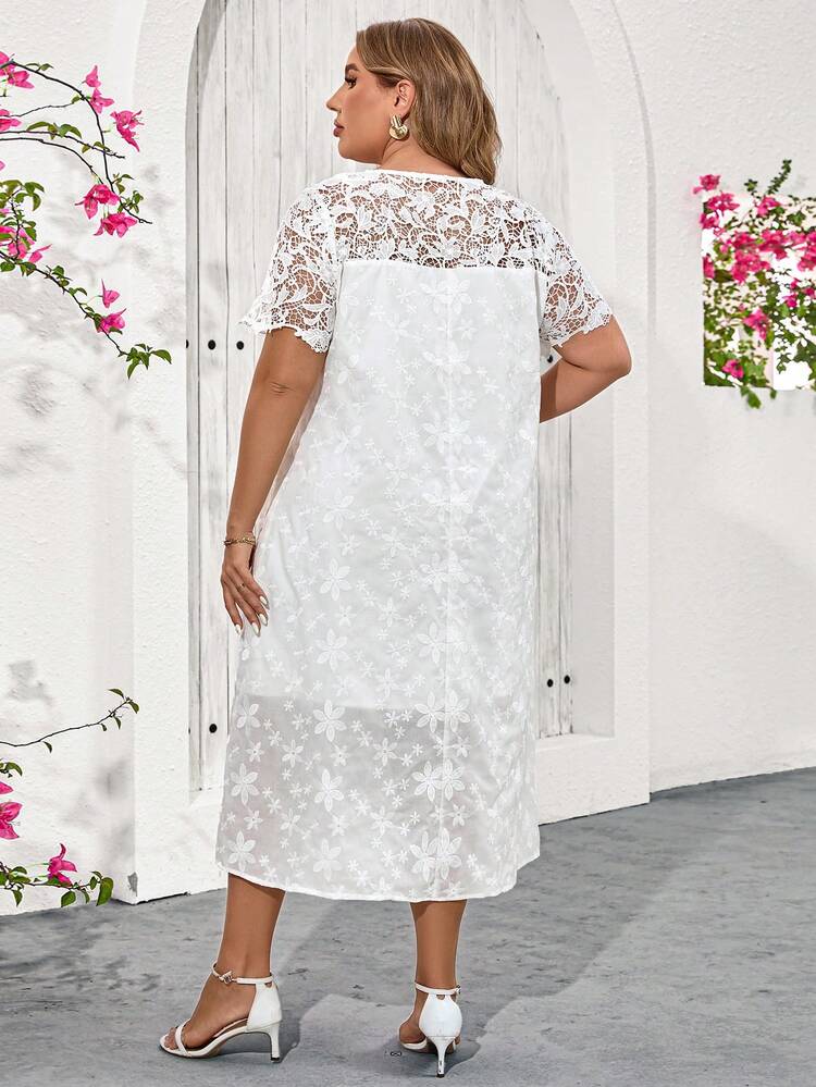 Embroidered Plain & Soluble Lace Patchwork White Elegant Vacation Dress