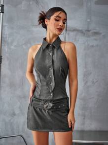Aveloria Affinna Stylish Sleeveless Backless Top With Detachable Tie Neck, Gray Color,Matching With Low Waist Wide Belt And Skirt Set