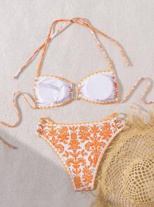 SHEIN Swim Women Fashionable Summer Holiday Beach Bikini Set With Random Printed Bikini Set - Orange - View 2