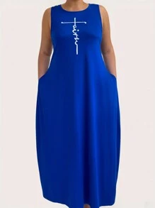 SHEIN LUNE Summer Plus Size Women Simple Printed Solid Color Sleeveless Dress - Royal Blue - View 3