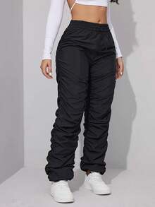 SHEIN Unity Ladies Ruched Parachute Material Long Pants - Black - View 3