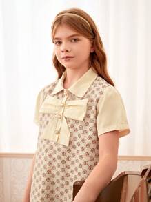 SHEIN Vestido A-Line Para Garota Tween com Laço e Impressão Floral, Adequado para Comutar e Casual, Verão