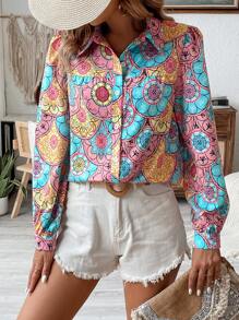SHEIN LUNE Casual Long Sleeve Printed Shirt For Spring And Summer