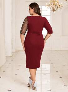 SHEIN Clasi Plus Size Elegant Party Slim Fit Sequin Dress, Fall Women Teacher Outfit - Burgundy - View 2