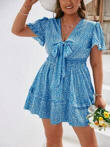 Simplee 大碼滿版印花前打結打攬木耳邊連衣裙 - 藍色 - 查看 4