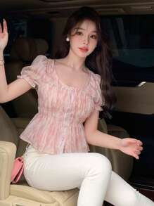 DAZY Women Ruffle Hem All-Over Print Summer Shirt Babydoll Top