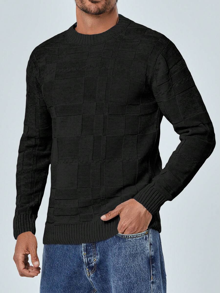 RueChic Men's Check Texture Round Neck Sweater - Dark Grey - View 1