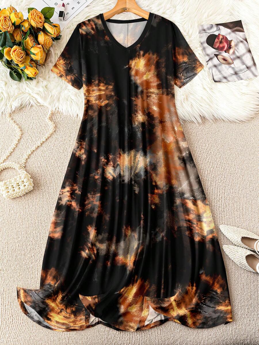 EMERY ROSE Vestido de verano de manga corta y cuello en V para mujeres de talla grande con estampado anudado - Multicolor - Ver 1
