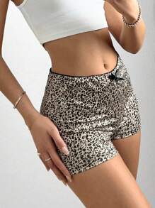 SHEIN EZwear 女士夏季時尚豹紋緊身迷你短褲 - 棕色 - 查看 3