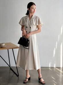 FRIFUL Women's Solid Color Lapel Collar Cape Sleeve Double Breasted Dress Sundress Maxi Dress - Beige - View 1