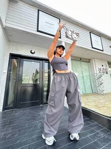 Flirla Plus Size Women Letter Printed Tank Top And Utility Pants Two-Piece Set For Summer Leisure - Grey - View 3